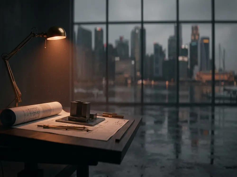 A drafting table with a rolled blueprint and a scale model
