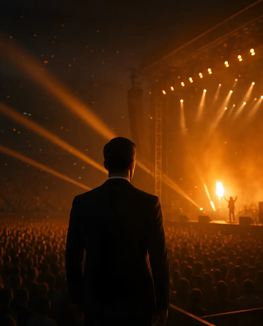 A figure in a suit watches a concert under orange stage light