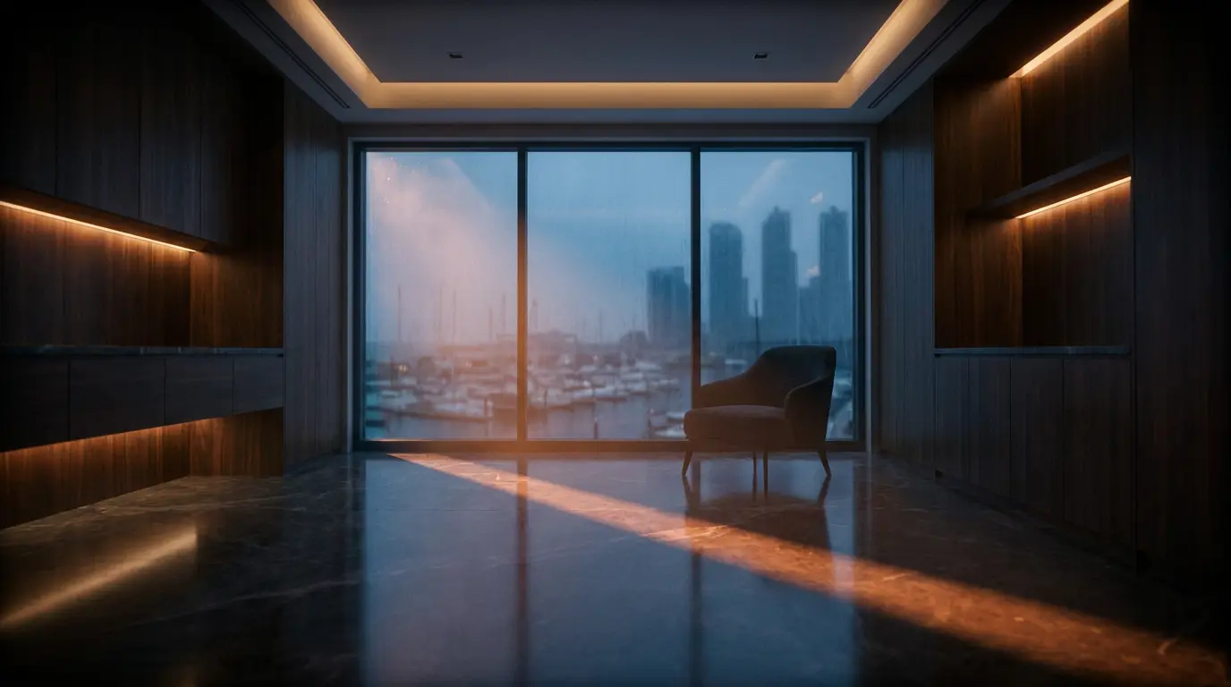A wood-panelled studio interior with a skyline beyond the window
