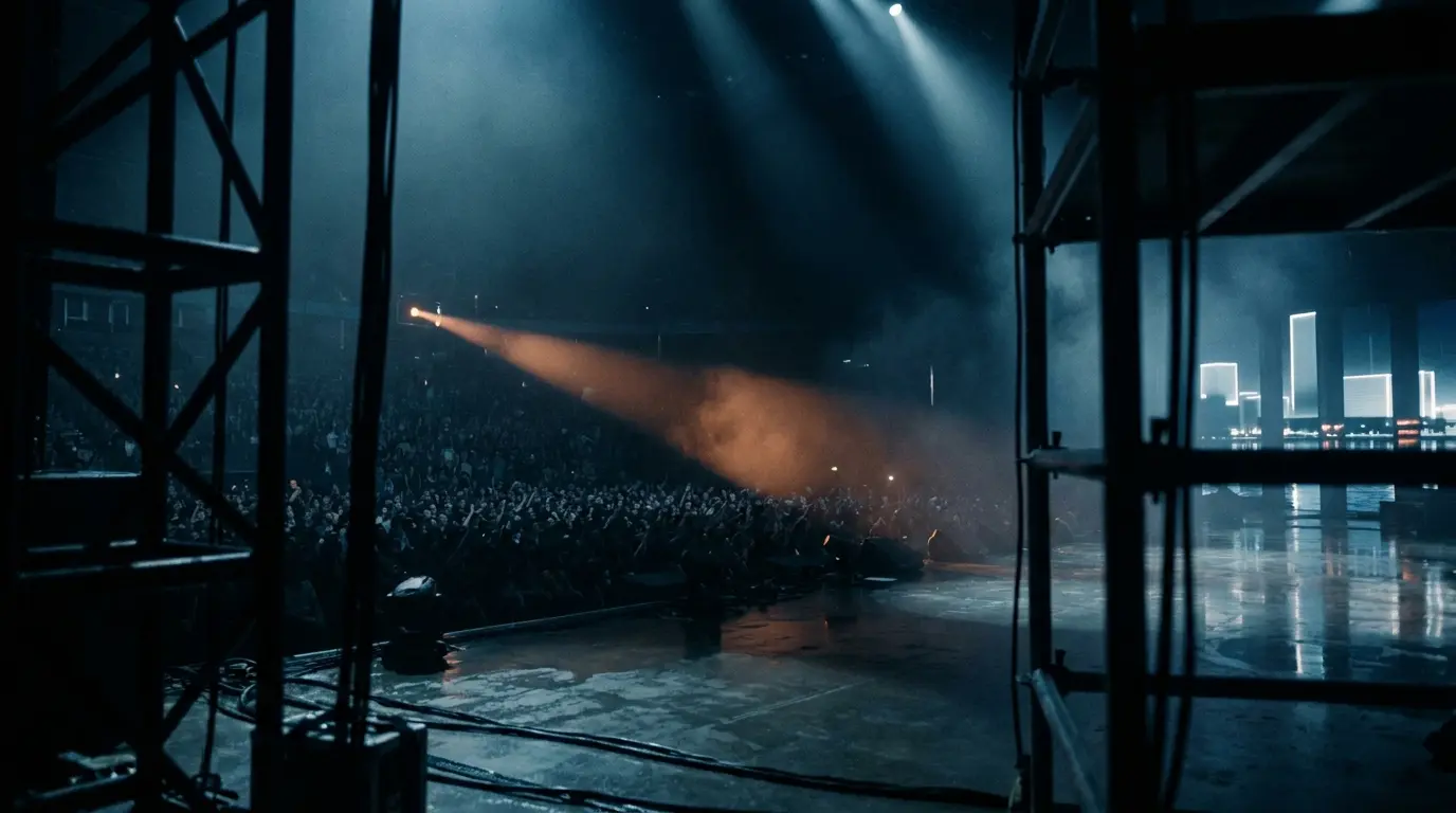 An arena crowd in silhouette under stage light beams