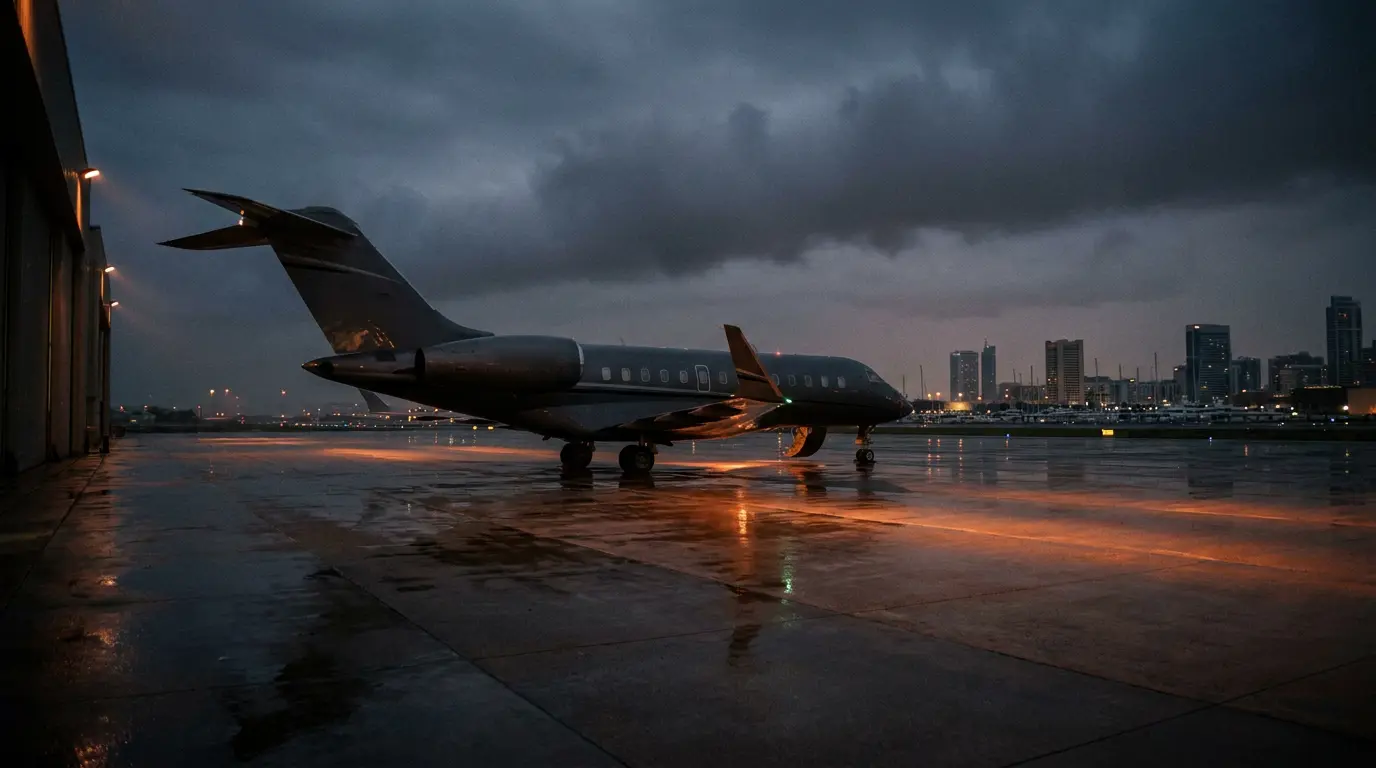 A private jet on a tarmac apron at dusk