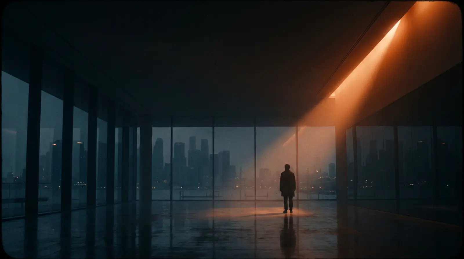 A night skyline under a single diagonal shaft of orange light