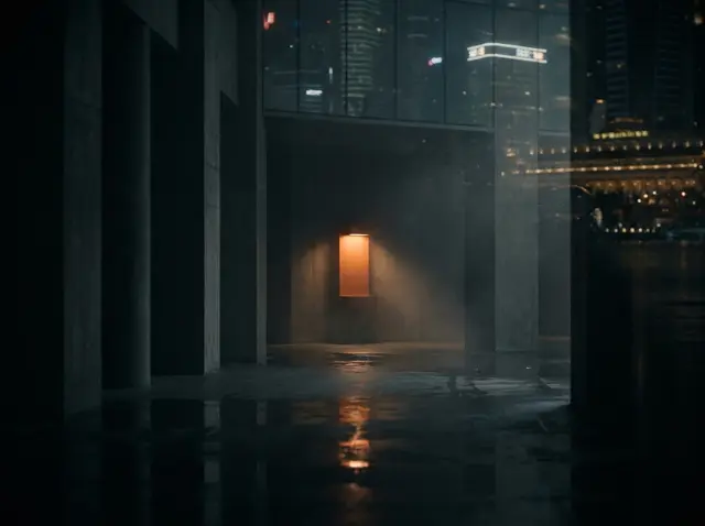 A single warm light in a dark hall