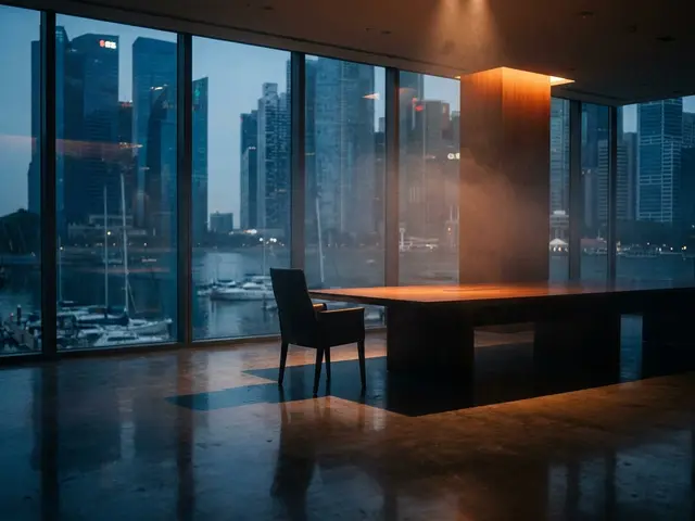 A quiet office interior with a long table