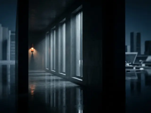 A colonnaded stone corridor with a single warm light