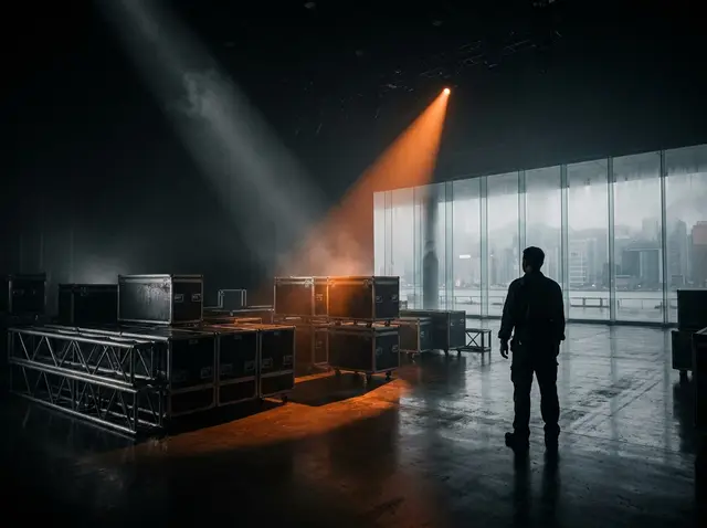 Flight cases on an arena floor before dawn